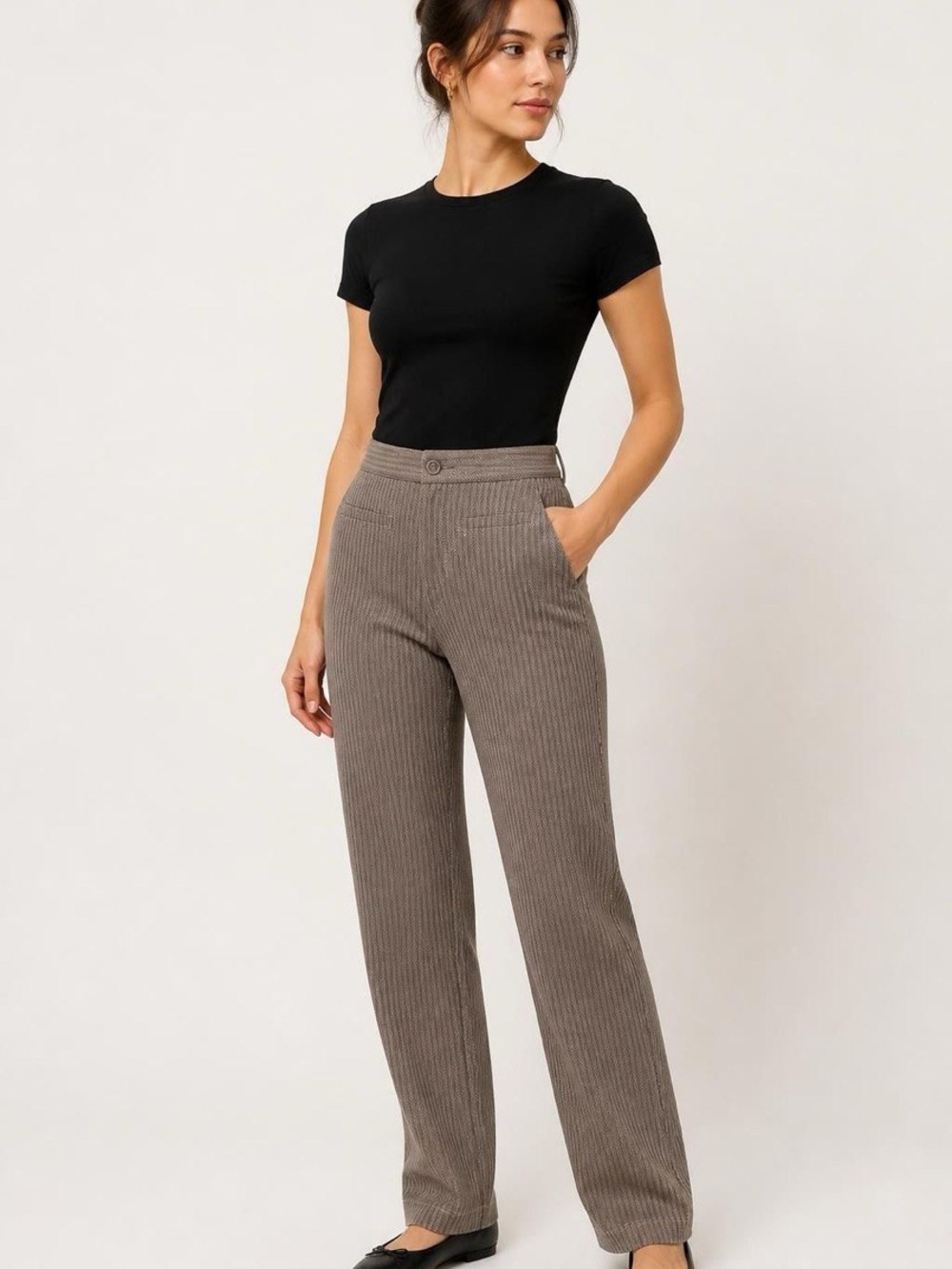 Betabrand High-Rise Ribbed Straight-Leg Pants - Taupe